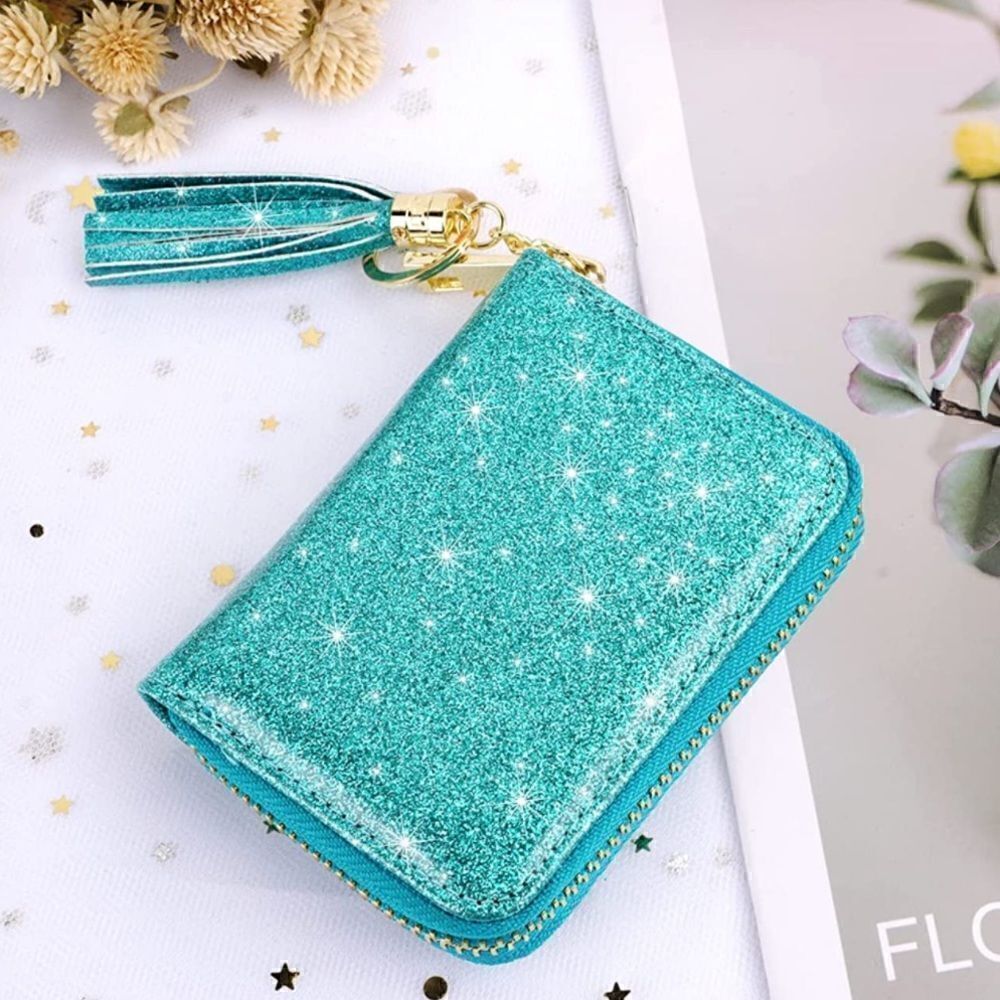 Blue Glitter Leather Compact Wallet